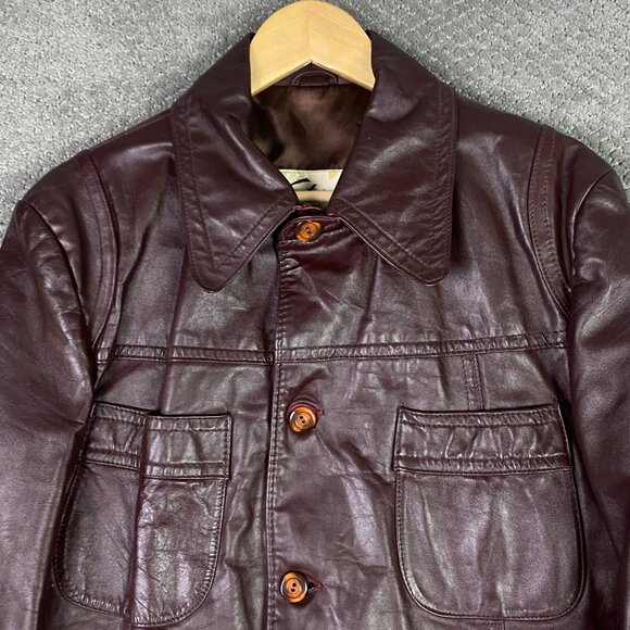 Vintage 70s Victoria Leather Jacket Men's Small Oxblood Burgundy Fight Club Pimp - Picture 2 of 11